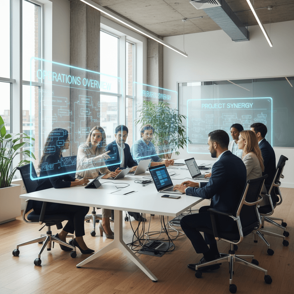 Diverse operations team collaborating with digital coordination dashboards in a modern office