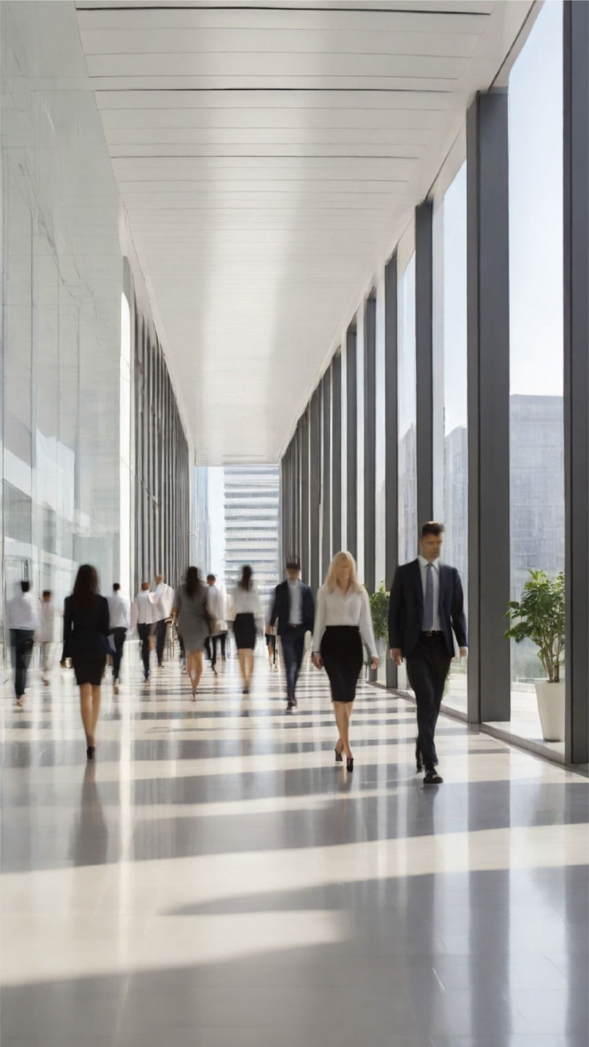Diverse business people walking down a sunlit, spacious corporate corridor with floor-to-ceiling windows.