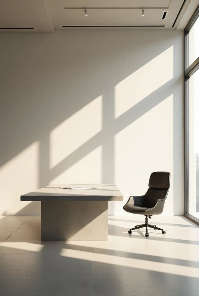 Modern minimalist office featuring a stone desk, black chair, and dramatic geometric window shadows.
